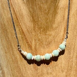 Handmade Vintage Amazonite and Puke Shell Silver Stone Chain Necklace